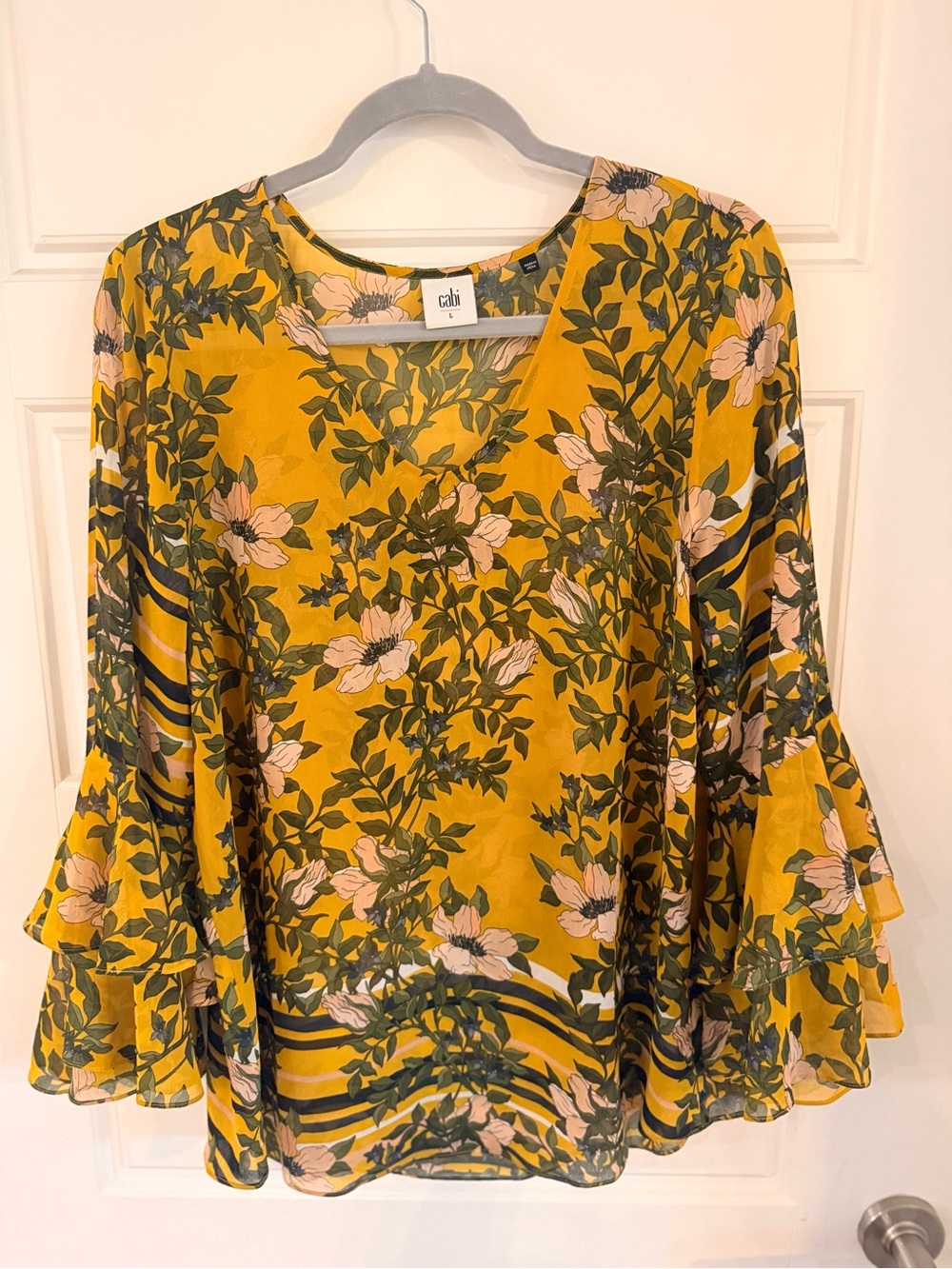 CAbi Mustard Floral V-Neck Bell Sleeve Blouse